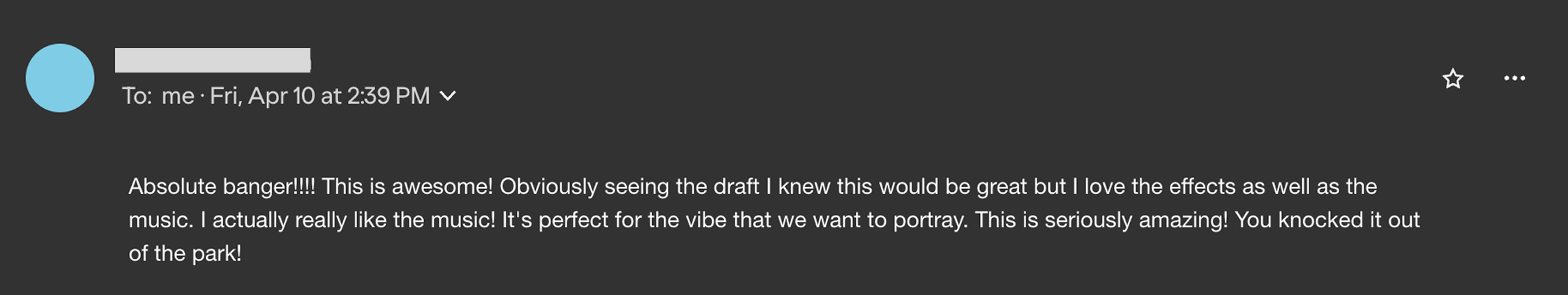 Client email expressing gratitude about the project